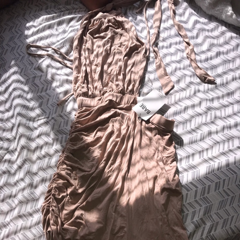 Tan shirres backless halter dress